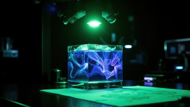 A microscopic view of a bioluminescent scaffold created through additive manufacturing, where living cells are encased within a photopolymerized matrix.