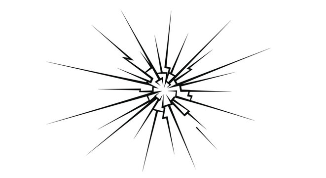 Intricate black line drawing of a cracked glass or mirror surface with radial shatter patterns emanating from a center.