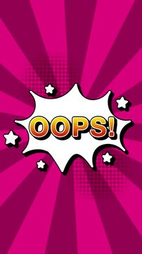 Oops text word lettering popup comic cartoon reveal with bomb and smoke explosion manga anime book page dots radial speed lines doodle pink background seamless loop vertical animation retro