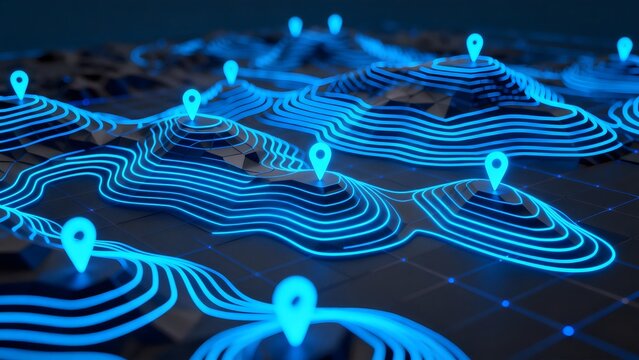 Abstract glowing blue topographic map