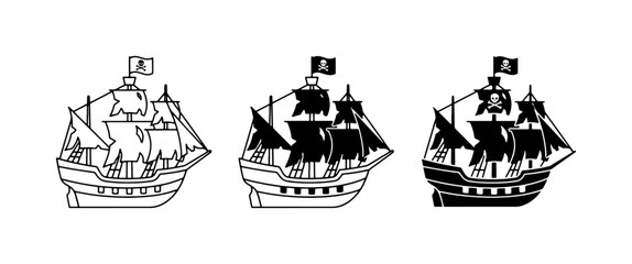 Pirate Ship Icons, Sailing Vessel Vector Graphics, Nautical Adventure Symbols © Mamun