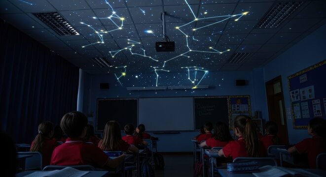 Children learning about constellations projected onto classroom ceiling by projector
