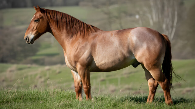 Roan horse standing in green field portrait
