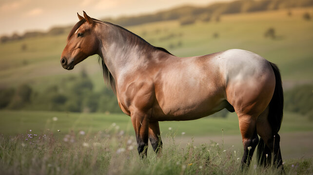 Powerful horse standing in green grassy field