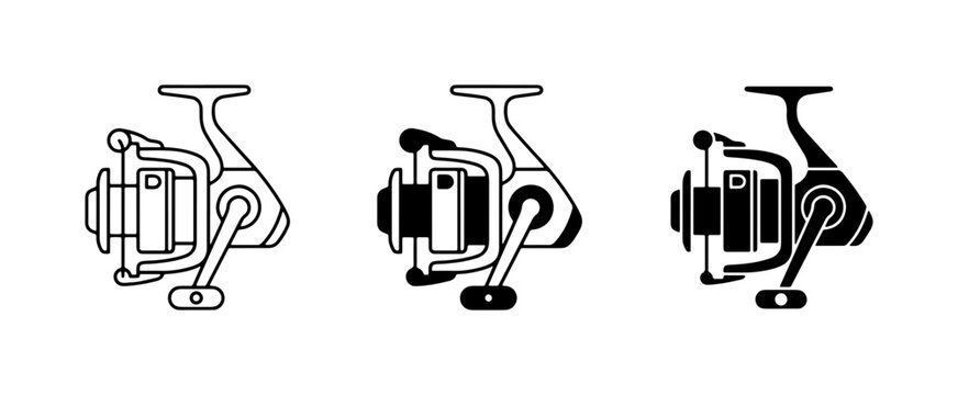 Fishing Reel Icons, Spinning Reel Vector Graphics, Angling Gear Set