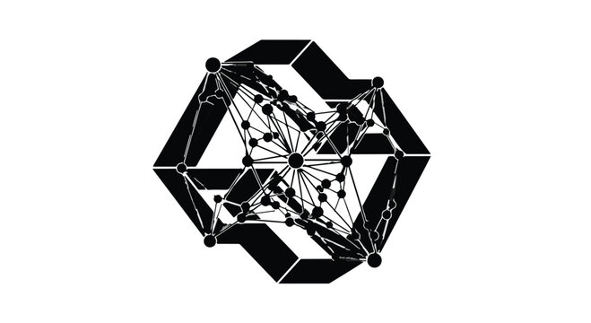 Network node diagram displays interconnected lines and circular points forming a complex geometric structure.