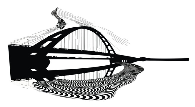 Bridge silhouette stands against a white background featuring an intricate reflection and abstract architectural lines.
