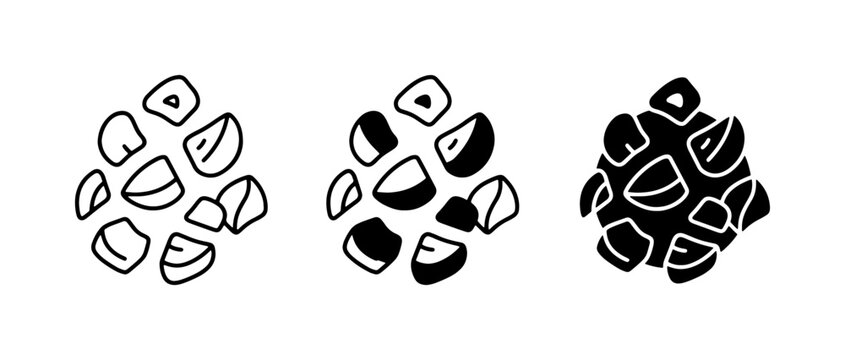 Hand-drawn icons of nuts, seeds, and kernels, simple line art and solid fill vector graphics