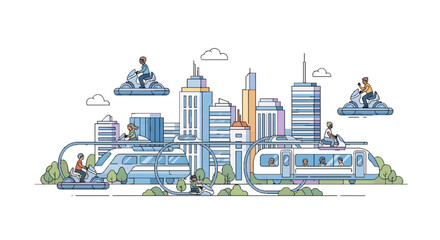 Naklejka premium Futuristic city skyline with eco-friendly transportation and people enjoying the ride