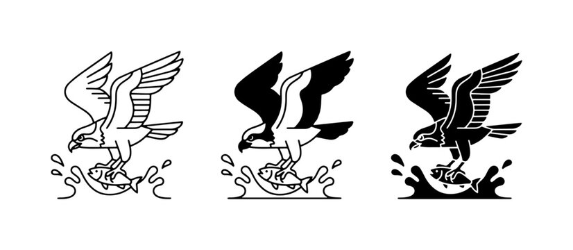 Osprey Hunting Fish Vector Icons, Bird of Prey Logo Graphics, Wildlife Emblem Set