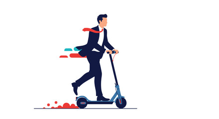 Obraz premium Energetic businessman wearing a suit and tie is riding an electric scooter quickly towards his work destination.