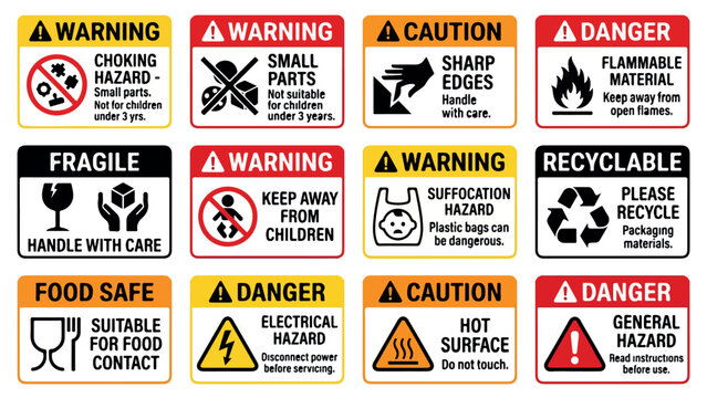 Industrial safety warning labels set, 12 caution and danger sign icons, hazard notification stickers for packaging and manufacturing compliance isolated PNG with Transparent Background