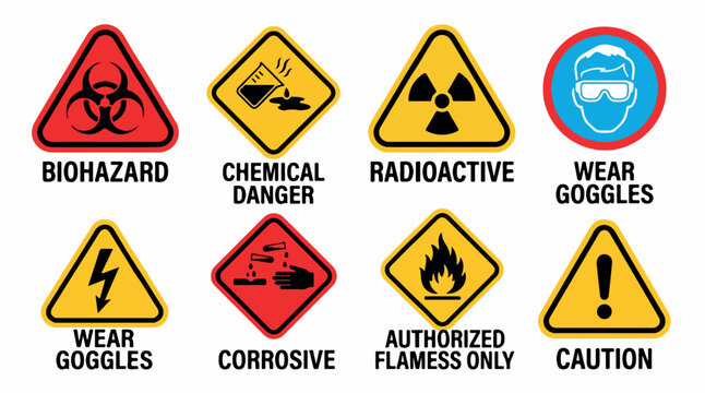 Industrial safety warning signs, set of 8 hazard icons for laboratory and construction, biohazard and radioactive caution symbols in vector format isolated PNG with Transparent Background