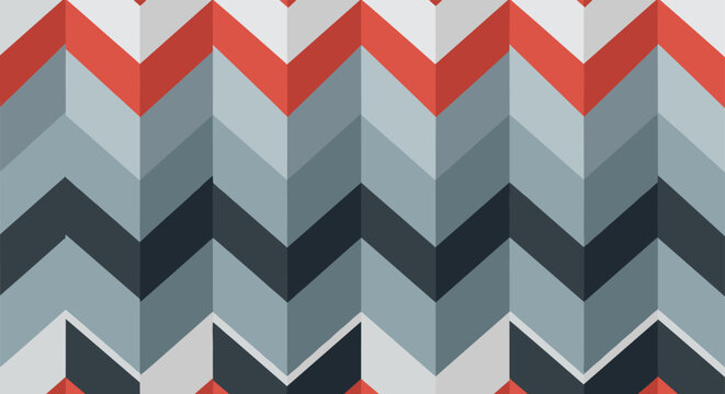 Geometric chevron pattern uses various shades of gray, blue, and red to create a repeating zig-zag design.