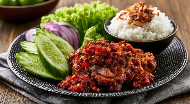 Spicy sambal chicken served with white rice and fresh vegetables on a rustic plate in sharp focus for culinary blog marketing