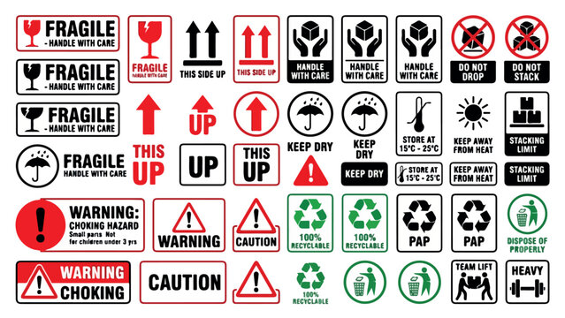 Fragile shipping labels and packaging icons set, industrial warning stickers for logistics, 45 delivery handling signs in vector format isolated PNG with Transparent Background