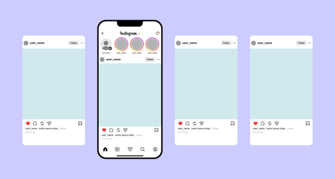 instagram social media post home screen user interface on smartphone mockup. instagram vector template frame layout with latest updates 2026
