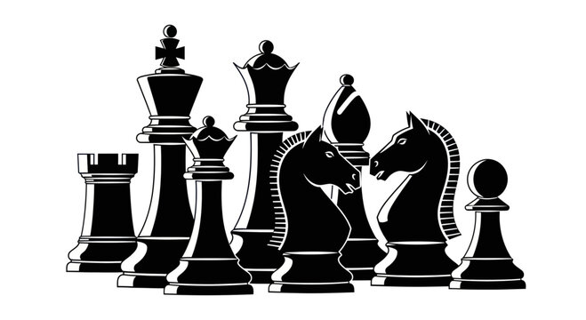 Black Chess Pieces Silhouette on White Background - Strategy Game Concept