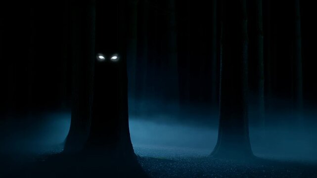 Panning shot of glowing eyes emerging from tree trunks in foggy dark forest at night