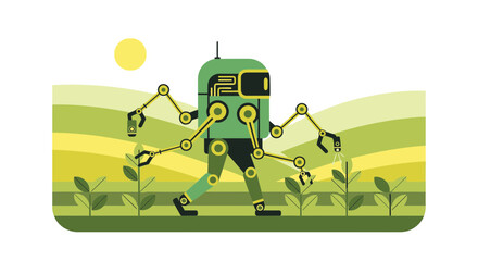 Obraz premium Agricultural Robot Tending Plants in a Field Under the Sun