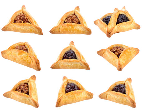 Isolated Hamantaschen Cookies Pastries Arrangement on Transparent Background Showing Assorted Fillings and Golden Texture