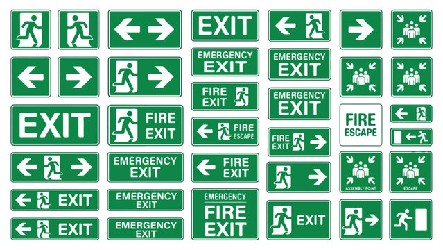 Emergency exit signs and fire escape icons set, green safety wayfinding symbols, directional evacuation signage collection for building security isolated PNG with Transparent Background
