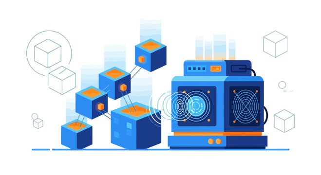 Blockchain technology concept, digital cubes connected to a futuristic server machine