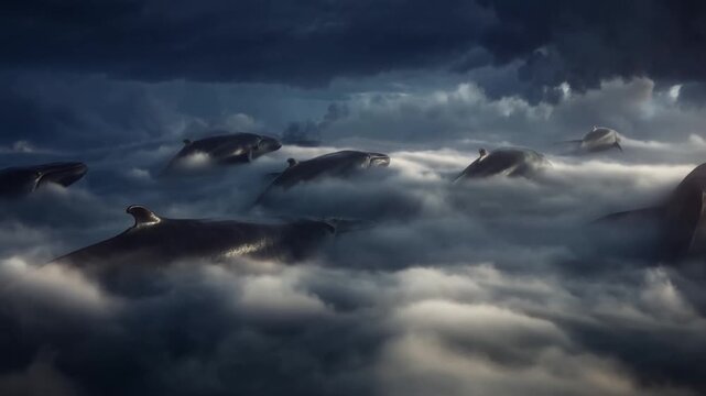 Aerial tracking shot of whales gliding through low clouds over stormy sky at dusk