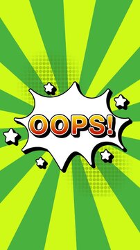 Oops text word lettering popup comic cartoon reveal with bomb and smoke explosion manga anime book page dots radial speed lines doodle green background seamless loop vertical animation retro