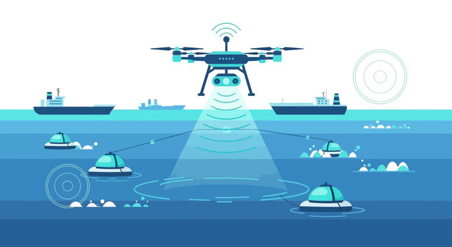 Drone and autonomous marine drones monitor ships and ocean environment