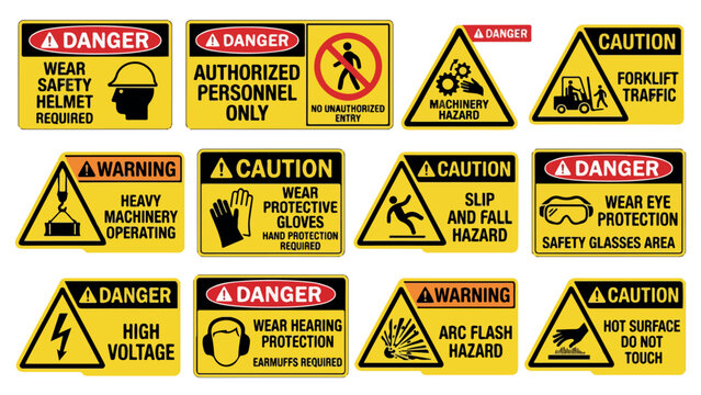 Industrial safety signs collection, yellow danger and caution warning labels, construction site hazard symbols, 12 vector icons for workplace security isolated PNG with Transparent Background