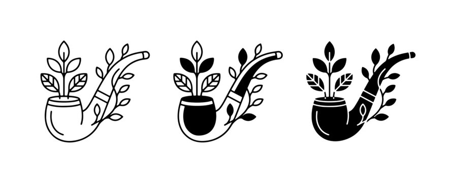 Smoking Pipe with Plant Growth, Vintage Tobacco Pipe Icon Set, Retro Herbal Leaf Vector