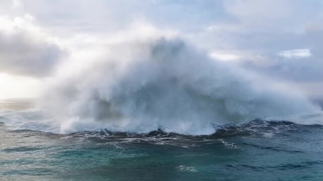 Aerial slow motion tracking shot of ocean wave rising and breaking over open sea horizon at sunrise with sunlit mist and white spray