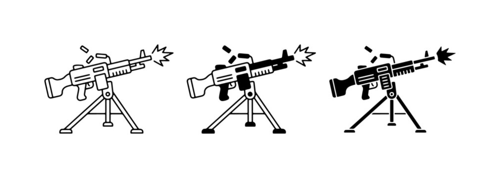 Machine Gun Icons, Firing Weapon Illustrations, Military Firepower Vector Set