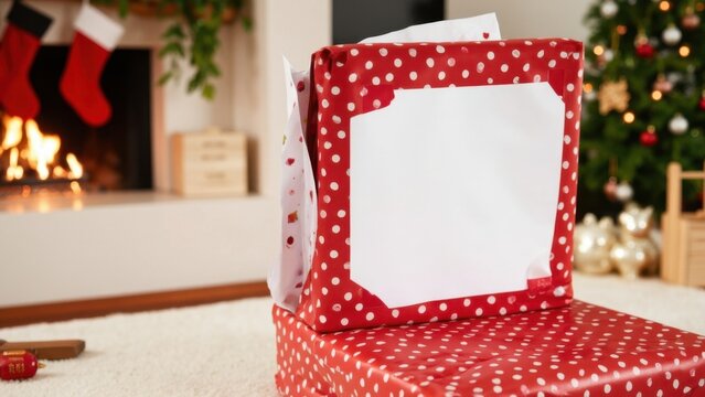 Christmas present wrapped in red and white polka dot wrapping paper, ready for a birthday or holiday gift exchange.