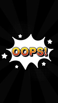 Oops text word lettering popup comic cartoon reveal with bomb and smoke explosion manga anime book page dots radial speed lines doodle black background seamless loop vertical animation retro