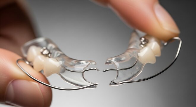 Clear dental retainer held delicately, showing fine wirework and acrylic mold.