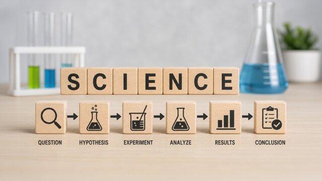 Wooden blocks showing the scientific method steps from question to conclusion, with laboratory glassware in the background representing research and education.