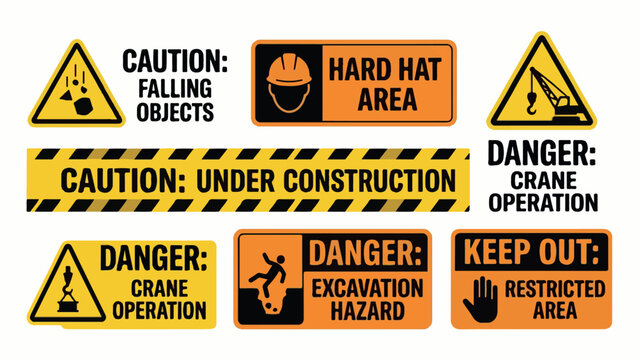 Construction safety signs collection, industrial danger and caution warning labels, yellow and orange site hazard icons, set of 7 vector elements isolated PNG with Transparent Background
