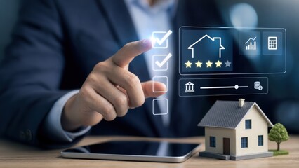 Fototapeta premium A businessman uses a futuristic holographic interface to manage a real estate investment, with a model house and tablet on the desk. Concept of property tech and finance.