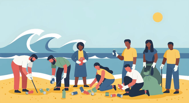Community Volunteers Engage in Beach Cleanup, Collecting Waste and Plastic Pollution to Safeguard Marine Life and Promote a Cleaner Environment