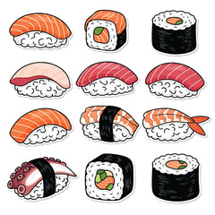 Variety of sushi pieces on plate. © Oraqle