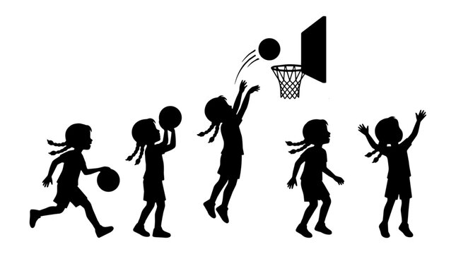 Girls shoot and dribble basketballs at a hoop, performed a layup silhouette figures present high contrast energetic mood.