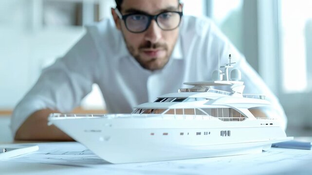 Engineer inspecting yacht model on desk with tools representing design process and marine engineering concept