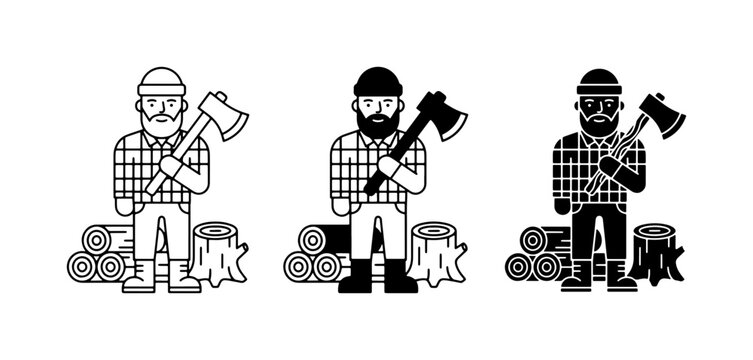 Lumberjack Icons Set: Bearded Woodsman with Axe, Logs, Stumps, Vector Graphics