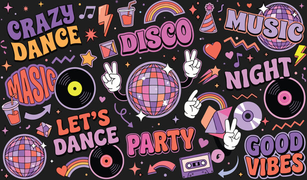 Retro Disco Party Doodle Set with Groovy Music Elements and Characters, Funky Music Night Doodle Sticker Collection on Dark Background, Colorful Music and Dancing Theme Pattern for Party Decorations,