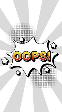 Oops text word lettering popup comic cartoon reveal with bomb and smoke explosion manga anime book page dots radial speed lines doodle white background seamless loop vertical animation retro
