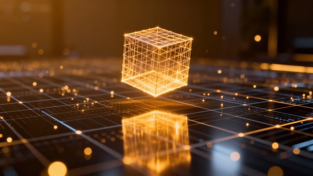 Glowing wireframe cube on reflective grid