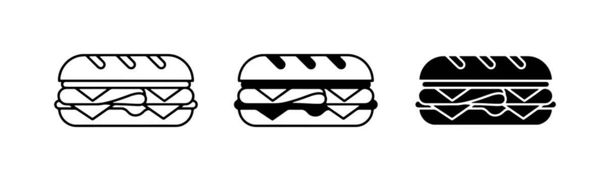 Submarine Sandwich Icons: Outline, Filled, and Silhouette Styles for Food Graphics