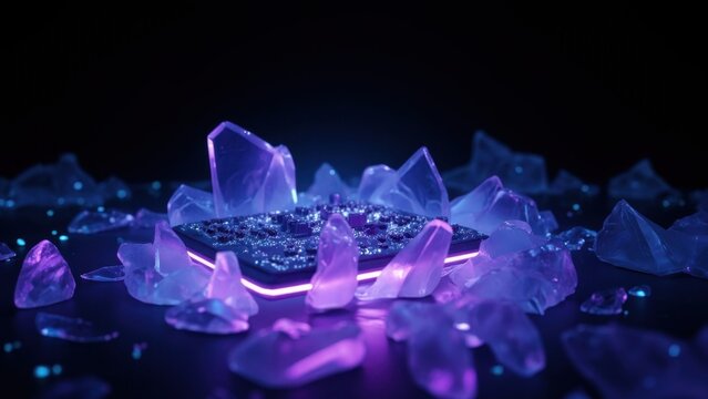 Vivid purple amethyst gemstones glow with an otherworldly light in the dark, demonstrating their refractive properties.